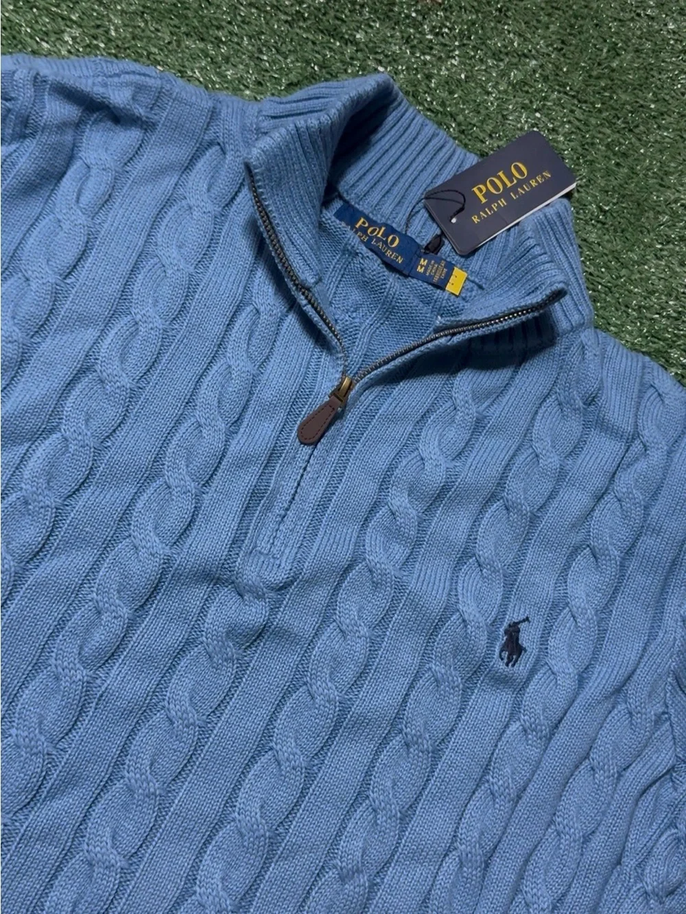 Polo by Ralph Lauren Sky Blue Cable-Knit Quarter Zip Sweater